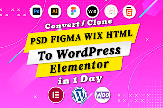 convert clone PSD, figma, wix, HTML, xd, pdf,canva to wordpress by elementor pro
