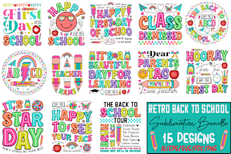 create retro sublimation, back to school , christmas, summer designs bundle pod