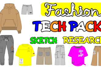 do flat sketch, fashion tech pack, clothing design and clothing tech pack