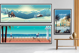create a retro vintage art deco travel poster illustration for wall art