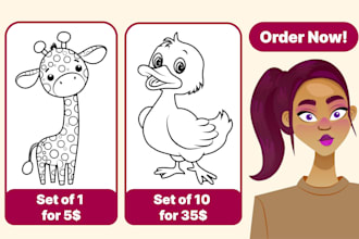 create cute line art drawing animal coloring book pages for kids and KDP