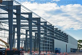design cgi warehouse, commercial building, storage space, facility rendering