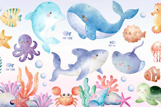 draw a cute watercolor illustration set