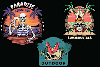 make custom, beach, summer, skull logo with illustration style