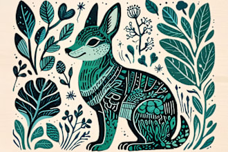 do animal and botanical linocut doodle illustration