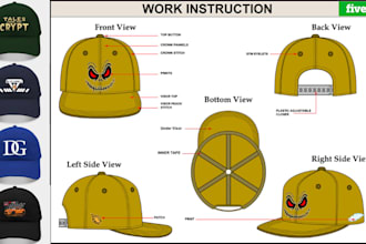 do hat and cap tech pack, bucket hat, trucker, dad cap with flat sketch design