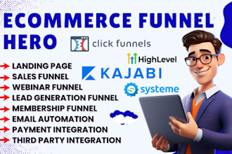 build clickfunnels sales funnel, gohighlevel, systeme io, kajabi, funnelish page