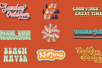 design retro vintage groovy hippie 70s vinyl boho  typography logo and stickers