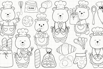 drawn cute black line art characters and items