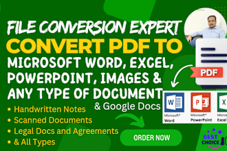 convert PDF to word, google docs, powerpoint, excel, transcribe type handwritten