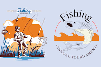 do retro hand drawn, fishing, outdoor and fish logo