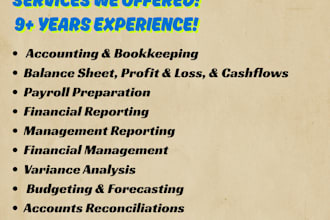 do accounting, bookkeeping, prepare balance sheets, profit loss, and cashflows