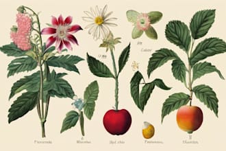 draw botanical illustrations of flowers, plants, fruits