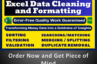ms excel data cleaning, formatting, merging, splitting, sorting, deduplication
