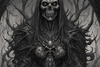 draw detailed dark art and heavy metal horror illustration