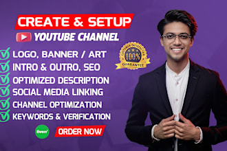 create and setup youtube channel with logo, banner, intro, outro,seo,art