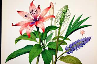draw botanical illustration of plants and flowers