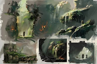 draw environment concept art, fantasy worlds