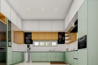 design kitchen, cabinetry, and residential interior, 3d render, layout