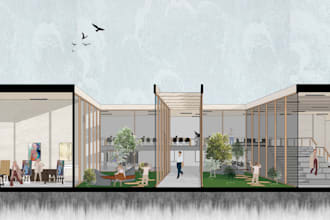 do 2d architectural section, perspective render by photoshop