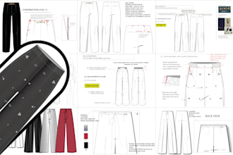 professional fashion tech packs, flat sketches, 2d drawings