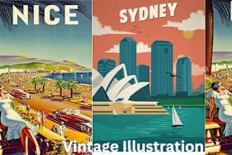 design vintage retro poster, 70s illustration, travel poster, vector art,vintage