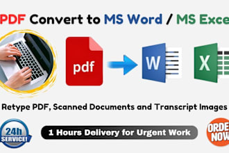 retype PDF, scanned documents pages, transcript images and convert PDF to excel