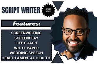 screenwriter, screenplay, wedding speech, life coach, press release, romance