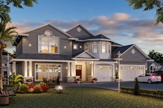 design photorealistic 3d render exterior of house and commercial building