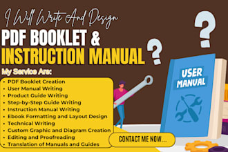 write PDF booklet, user manual, product guide, step x step guide manual book