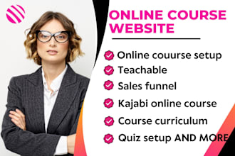 setup kajabi website,teachable and sales funnel, thinkific online course website