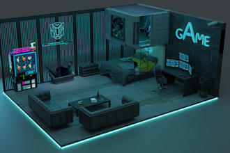 design 3d isometric gaming room and streaming room
