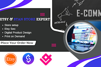 set up etsy print on demand store, digital products design, stan store listing