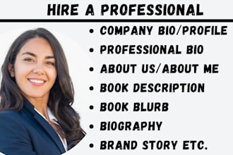 write captivating company bio, business profile bio,brand story,book description