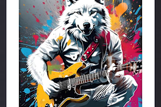 poster white wolf playing guitar, graffiti, electric wolf