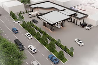 design a realistic 3d car wash and petrol station