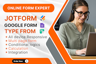 design online responsive form quiz, survey using jotform, google forms, typeform
