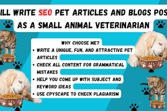 write pet articles and blogs posts as a small animal veterinarian, pet blog