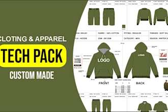create fashion apparel clothing tech pack and mockups