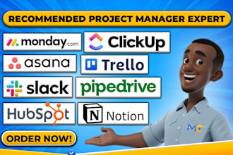 setup project management on monday crm, clickup, asana, trello, slack, pipedrive