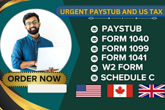 prepare paystub, payslip, w2, w9, w12, form 1041, form 1099 and 1120 USA  UK ca