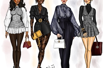 draw a beautiful fashion illustration, sketch and clothings