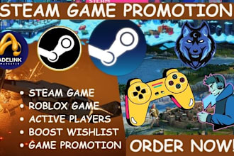 do steam game promotion, roblox game, pc game promotion to get players, wishlist