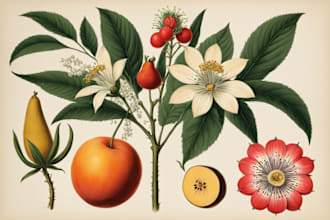 draw botanical illustrations of flowers, plants, fruits
