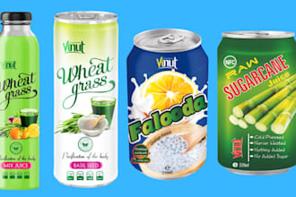 design juice label, water bottle label, energy drink, can and beverage label