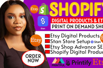 7 figure shopify digital products store, etsy digital product, stan store design