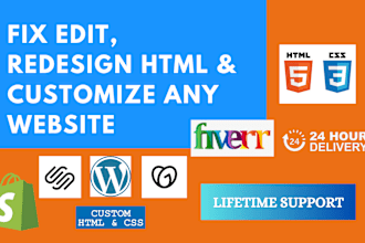 fix, edit, redesign html, shopify, wordpress website, custom code, site seo