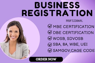 help with mbe,wbe, 8a,wosb,sba, cage code, sam gov non profit registration 5o1c3