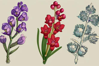 create botanical illustration of plants and flowers