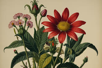 draw botanical illustrations of flowers, plants, fruits